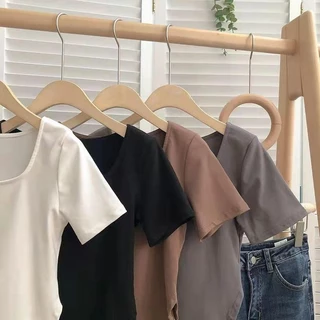 เสื้อแขนสั้นผู้หญิงคอเหลี่ยมลึก ผ้านุ่มดีสำหรับยืดตามตัว