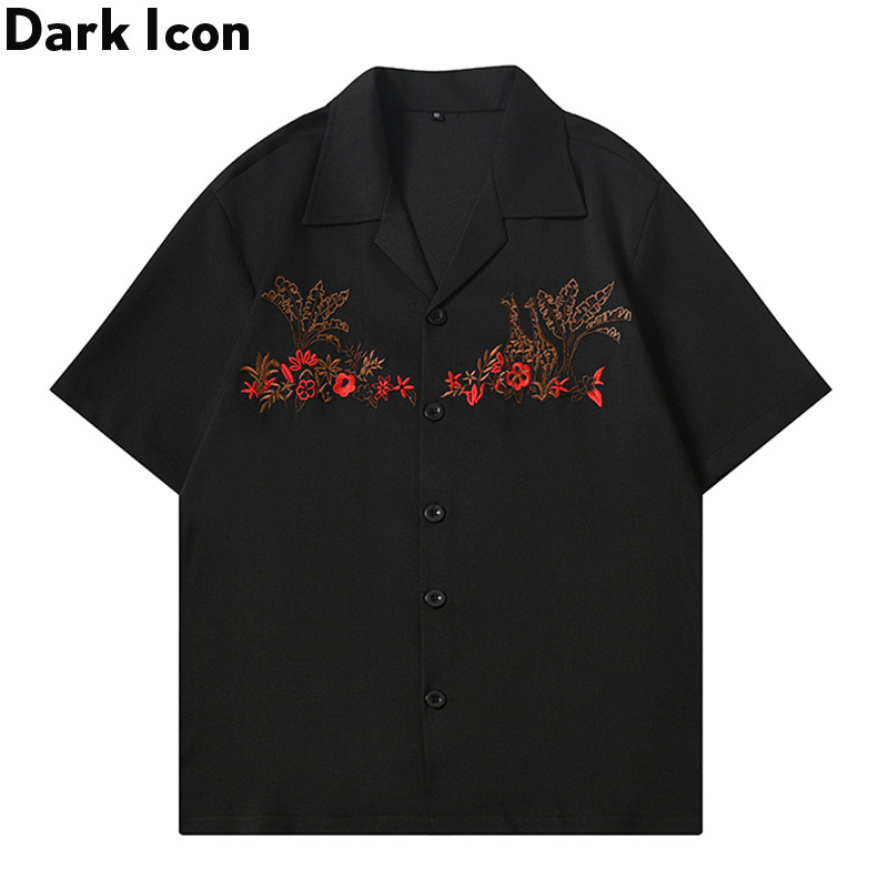 เสื้อฮาวายผู้ชายแขนสั้น ลายดอกไม้ปัก สไตล์ลำลองสำหรับฤดูร้อน
