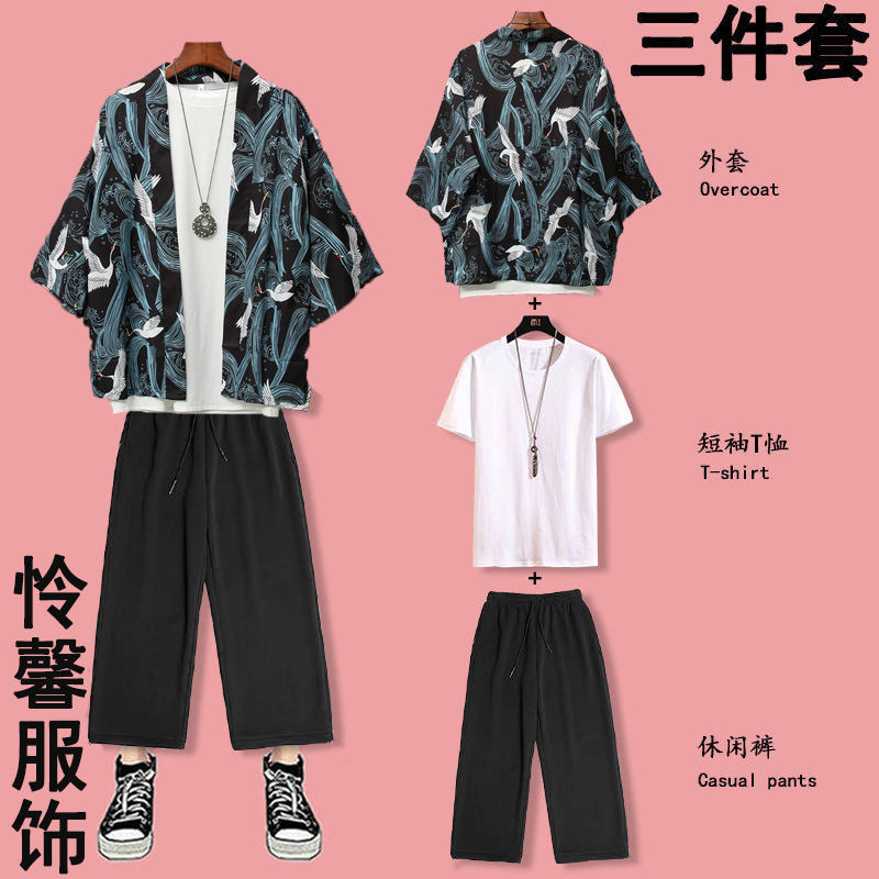 เสื้อคลุมกิโมโน พิมพ์ลายสุนัขจิ้งจอก เหมาะกับเดินชายหาด สไตล์ญี่ปุ่น แฟชั่นฮาราจูกุ สําหรับผู้หญิง และผู้ชาย  เสื้อคลุม  เสื้อสบาย ๆ 3 ชุด เสื้อยืด กางเกง - รูปที่ 6