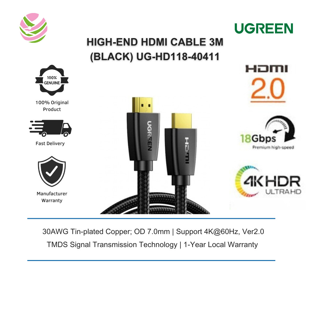 UGREEN สาย HDMI VER 2.0 4K@60HZ พร้อม NYLON BRAID 3M (สีดํา) UG-HD118-40411
