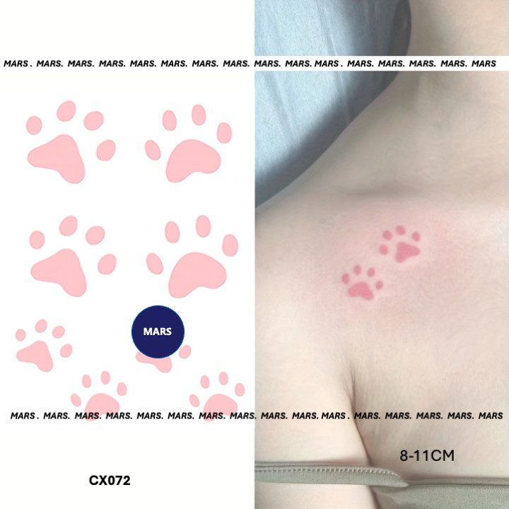 Mars Tattoo - สติ๊กเกอร์รอยสักชั่วคราวสีชมพู อุ้งเท้าแมวลูกสุนัข ติดทน CX072