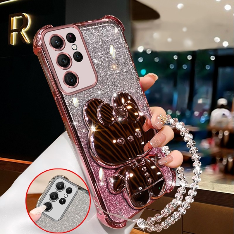 กันกระแทก เคสสําหรับ Samsung s20 ultra s20 plus s20 Fe s20 Sparkling Pink เคสโทรศัพท์กระต่ายกระจกแต่งหน้าพร้อมที่วางซิลิโคน TPU Soft case XXXDA