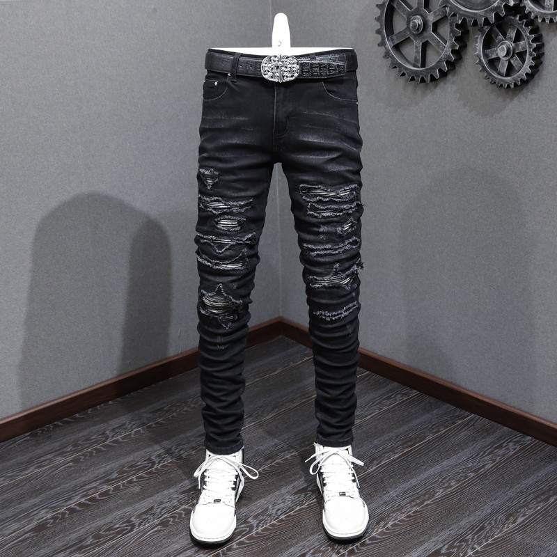 Amiri สตรีทแฟชั่นผู้ชายกางเกงยีนส์สีดําวินเทจกระชับพอดีหักสีขาวแพทช์ผู้ชายฮิปฮอปกางเกงยีนส์