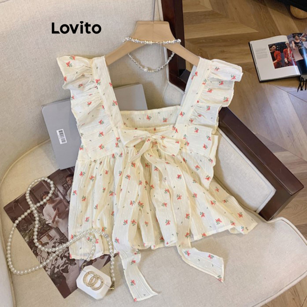Lovito เสื้อเบลาส์ผู้หญิง แต่งระบาย แต่งโบว์ ลายดอกไม้ สไตล์ลำลอง LNE60414