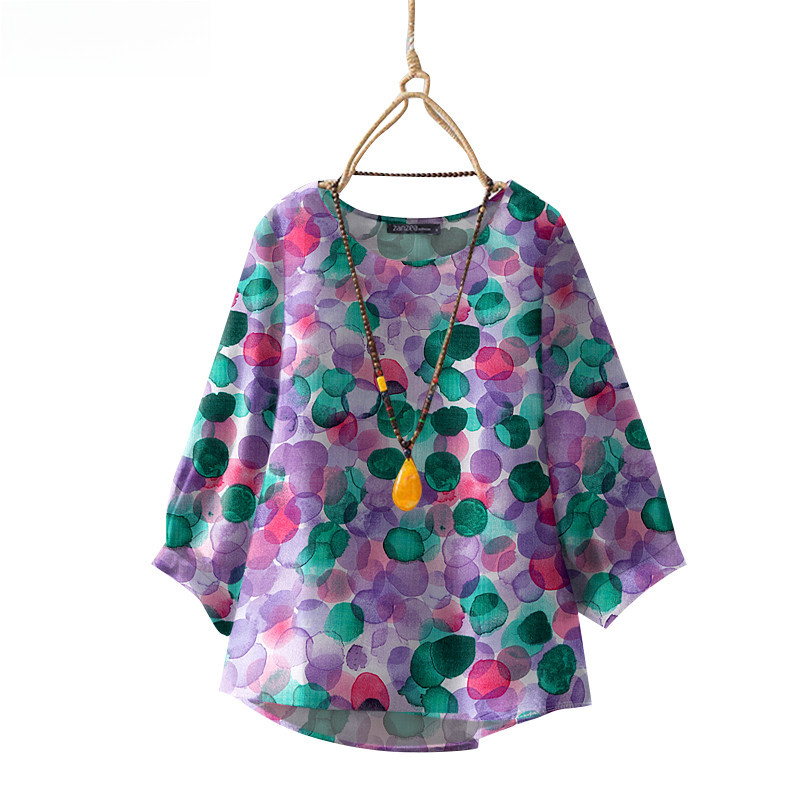ซานเซียผู้หญิง คอกลม 3/4 แขนเสื้อเชิ้ต สไตล์ลายจุดสีสันสดใส
