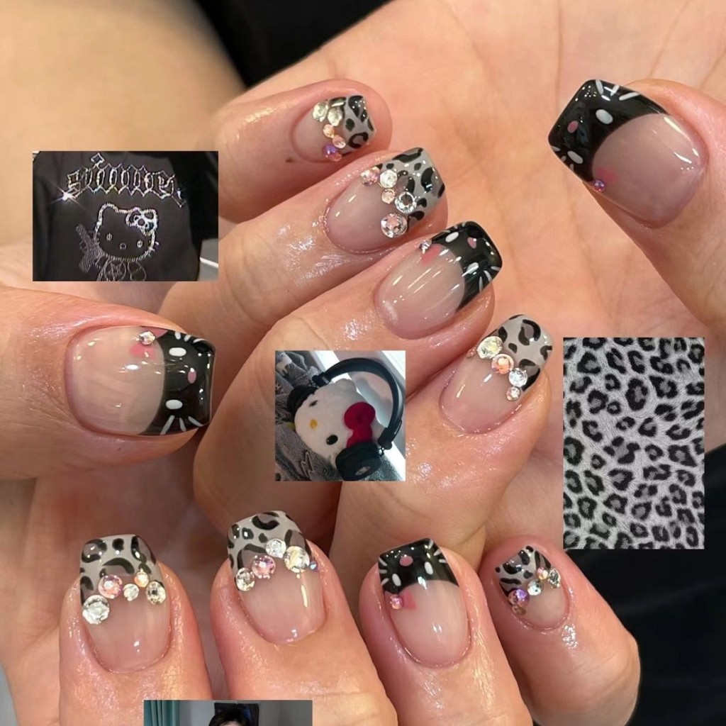 Handmade Wearing Nails y2k Shibuya Hot Girl kitty Cat Wearing Nails Full Diamond Nails Cheng