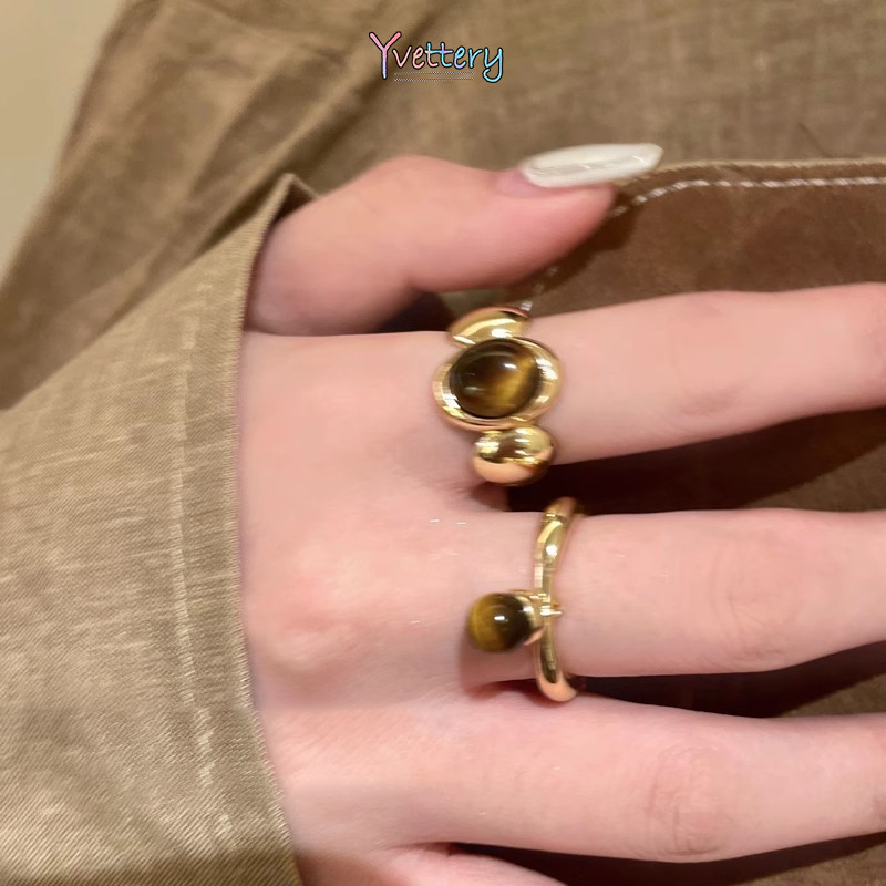 MATA Retro Tiger Eye Stone แหวนผู้หญิงอารมณ์อเนกประสงค์เปิดแหวนแฟชั่น Index Finger Ring-Yy