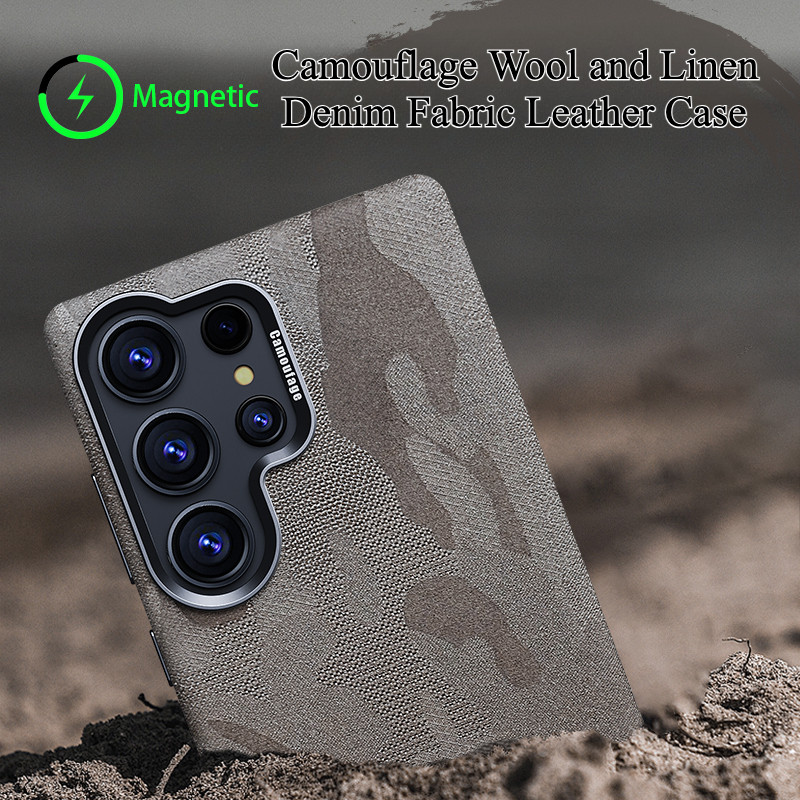 Samsung S25 Ultra S24 Ultra S23 Ultra Magnetic Camouflage ขนสัตว์และผ้าลินิน Denim หนังกันกระแทกเคสโทรศัพท์สําหรับ Galaxy S25 S24 + S23 โลหะแหวนกล้อง