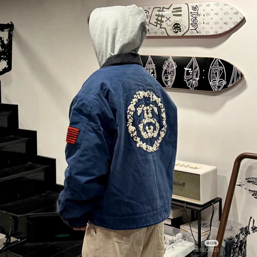 W1S4 Stussy x Den Collaboration Chest Round logo Printed Zipper Closure Work Jacket for Couples