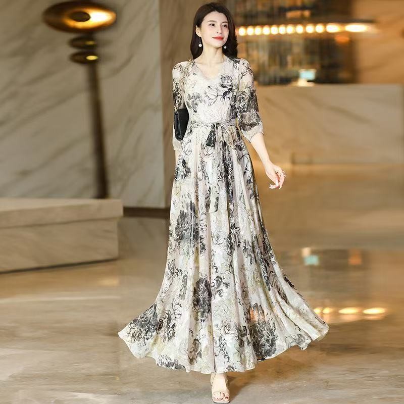 K4477 Retro หมึกพิมพ์ v คอชุดฤดูใบไม้ผลิฤดูร้อนกว้าง Lady High-End อารมณ์ Classy Age-Reduction กระโป