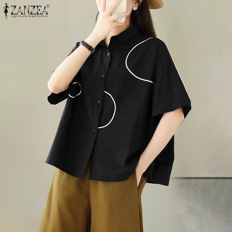ZANZEA เสื้อแฟชั่นคอปกแขน3/4 หลวม พิมพ์ลายเกาหลีสำหรับผู้หญิง ราคา ถูกที่สุด ดีลบีเคเค แกลเลอรีภาพที่ 4