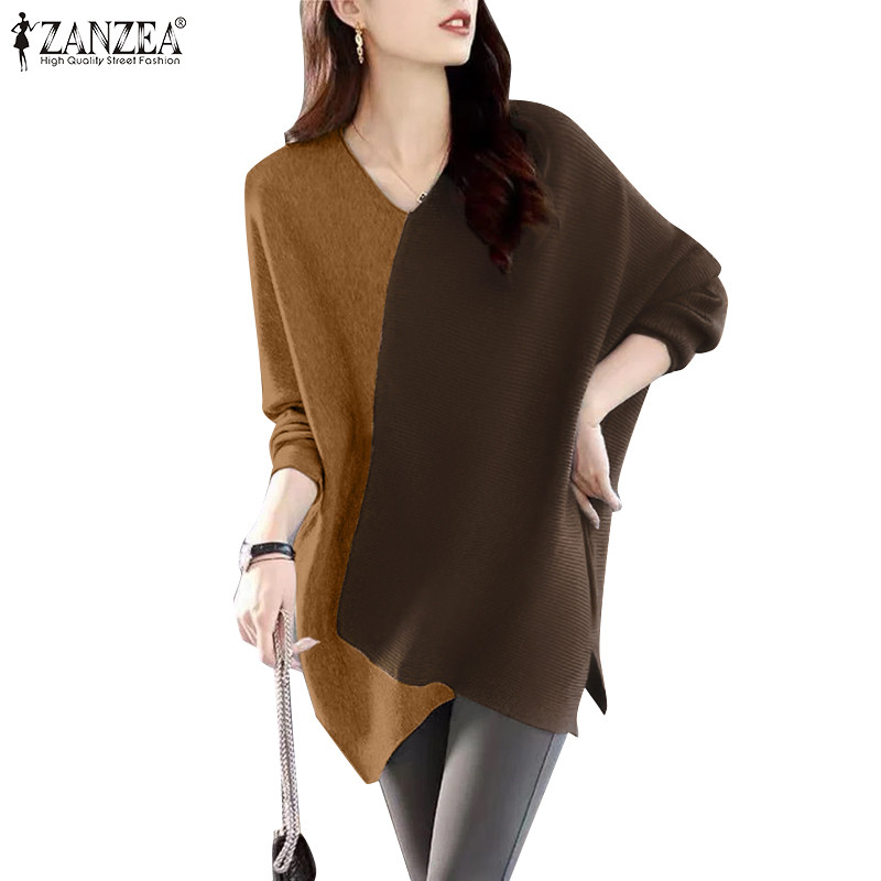Zanzea ผู้หญิงเกาหลีลําลองคอวีแขนยาวสีตัดกันเสื้อยืดชายเสื้อไม่สม่ําเสมอ