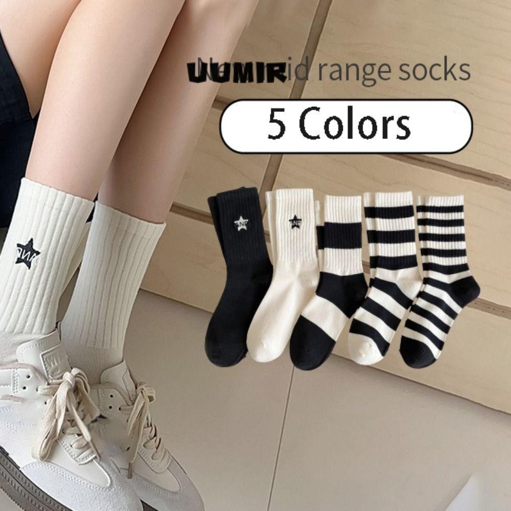 UUMIR ถุงเท้าข้อยาวปานกลาง ถุงเท้ากีฬาคอตตอนย้อนยุค แฟชั่น ถุงเท้าปักลายสไตล์เรียบง่าย