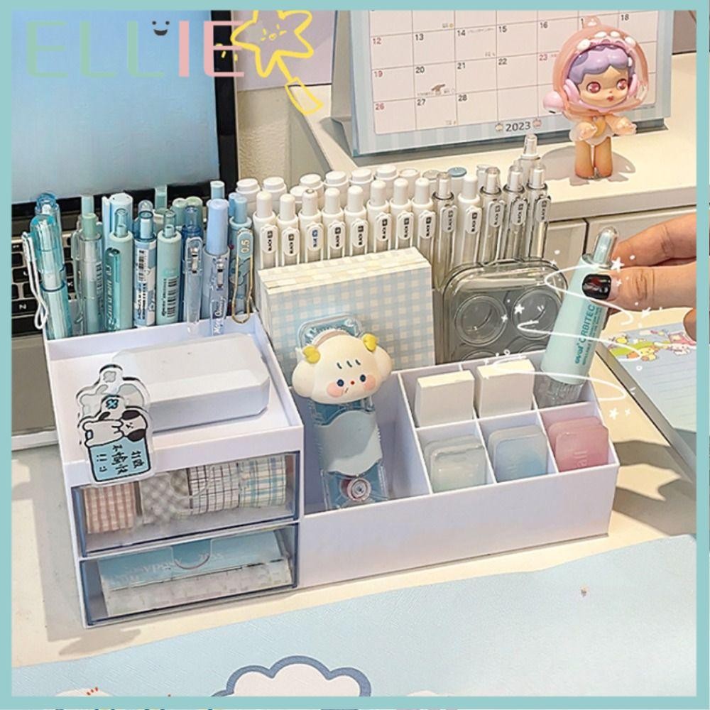 Ellie กล่องเก็บอุปกรณ์สํานักงาน, เก้ากริดพลาสติก Desktop Organizer,น่ารักลิ้นชักประเภท Kawaii Desktop Storage ผู้หญิงสาว