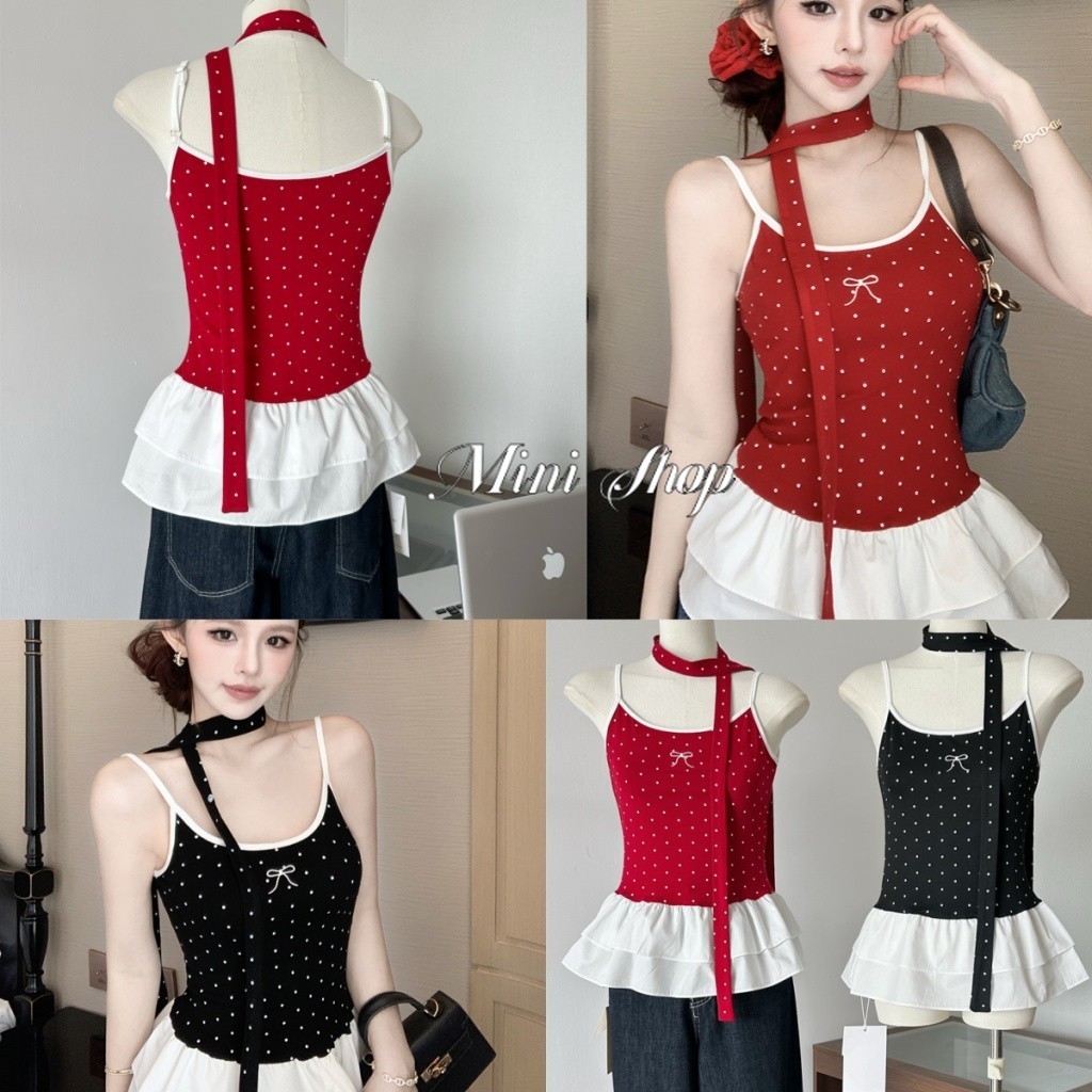 Mini shop🌸พร้อมส่ง🌸(FY6106)เสื้อสายเดี่ยว มีฟองน้ำ แต่งลายโบว์ ลายจุด ทรงสวยเสื้อยืดแฟชั่นเกาหลี