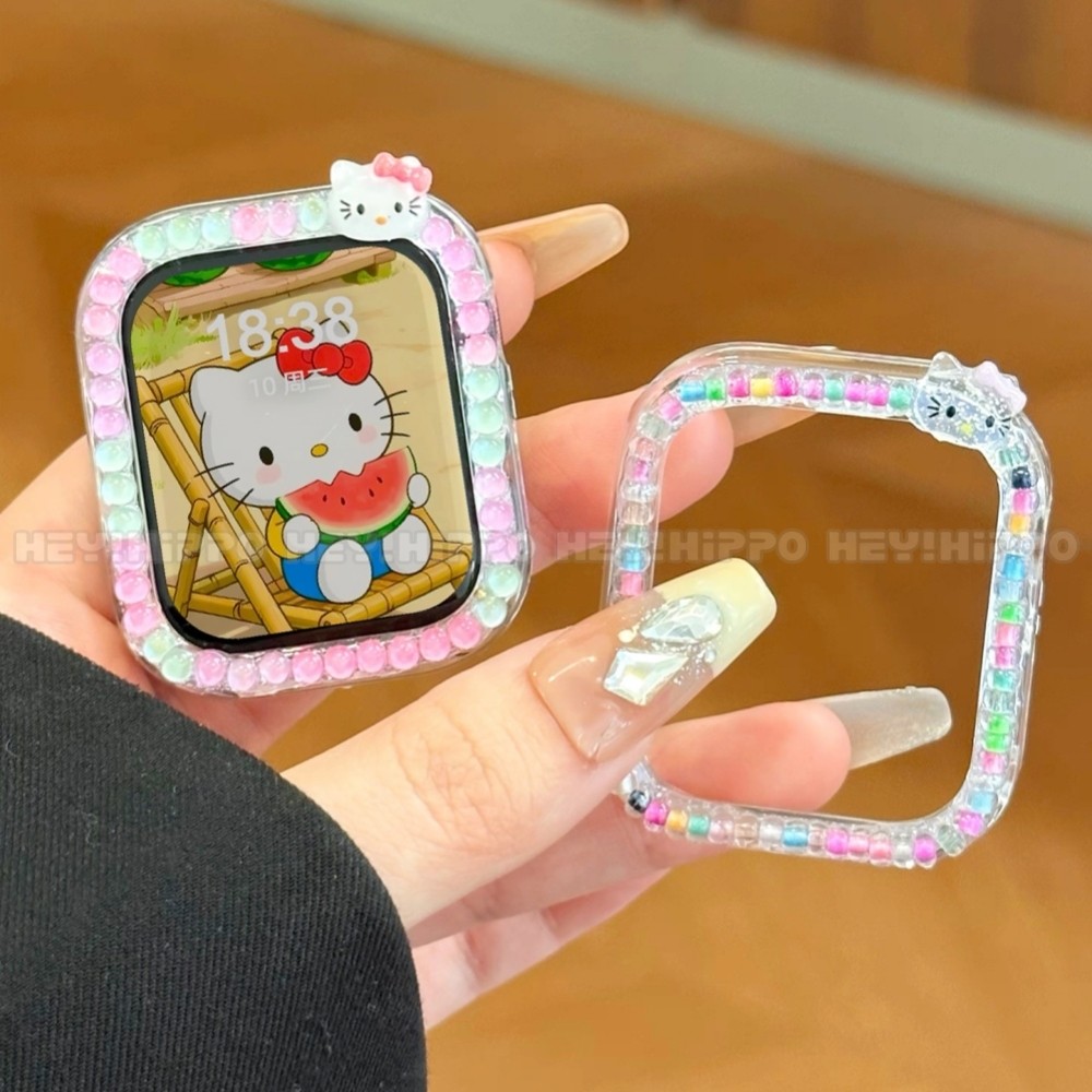 เคสป้องกันลูกปัดสีแฮนด์เมดเหมาะสําหรับสมาร์ทวอทช์ซีรีส์ 49/46/45/44/42/41/40/38 มม. KT cat เคสป้องกันการตกเหมาะสําหรับ iwatch10/9/8/7/6/5/6/5/4/3/2/1