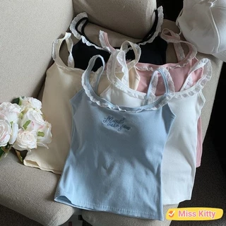 🎀Miss Kitty❤️เสื้อสายเดี่ยว เสื้อสายเดี่ยว มีฟองน้ำ แต่งลูกไม้ สีพาสเทล ดีเทลปักลายตัวอักษรน่ารัก "FY1072"