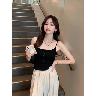 #475 เสื้อสายเดี่ยวเส้นเล็ก ฟองน้ำในตัวเย็บติดเนื้อผ้า ทรงสวยใส่สบายผ้านิ่มตกเเต่งกระดุมน่ารักเข้ารูป เซ็กซี่ สุดฮิต