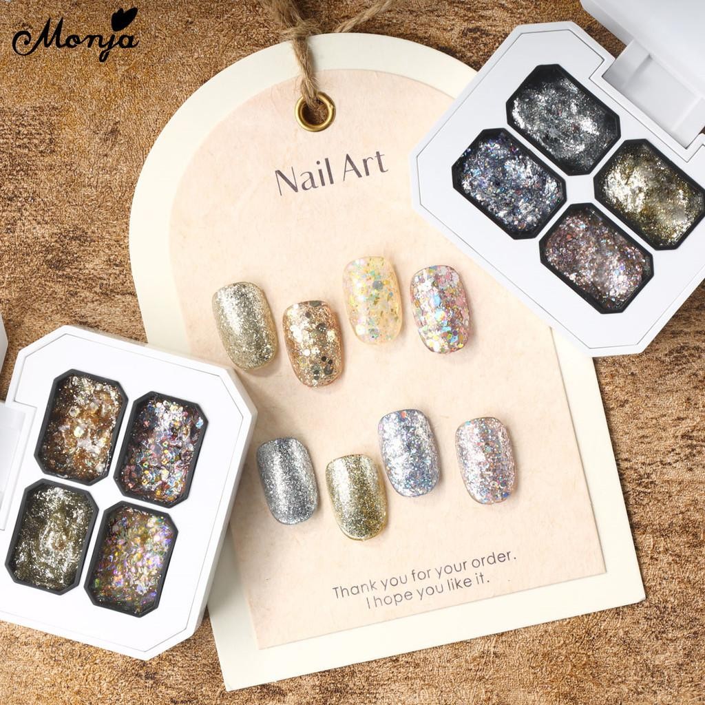 Monja 4สี/กล่องเล็บเจลระเบิด Glitterเจลเคลือบเงาเคล็ดลับสะท้อนแสง Lacquer เล็บออกแบบตกแต่งเครื่องมือ