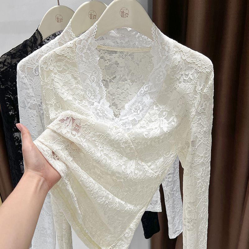 ‌เสื้อลูกไม้คอวีหรูหราสําหรับผู้หญิง - เสื้อยืดแขนยาวผ้าแจ็คการ์ดลายดอกไม้เชียร์ - รูปที่ 5