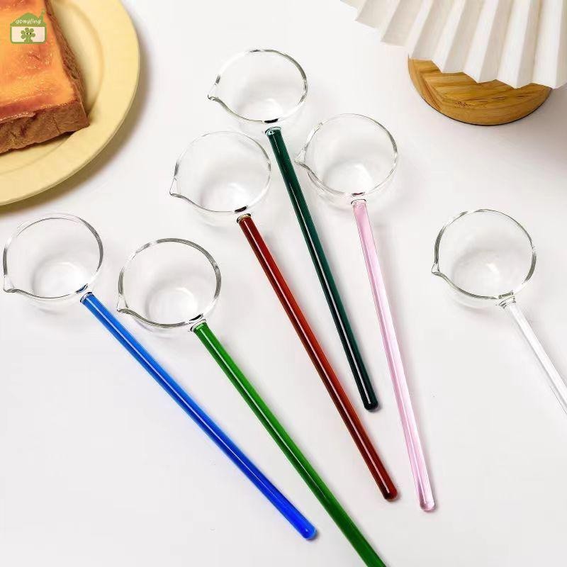 [Gong] ช้อนแก้ว Borosilicate ด้ามยาวโปร่งใสทนความร้อนซอสช้อนซุปพร้อม Spout ช้อนขนมหวานห้องครัวบาร์ Party th
