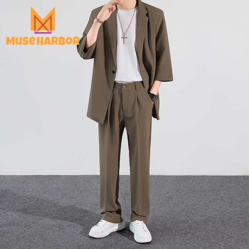 Muse Harbor ชุดสูทผู้ชายน้ําหนักเบาแฟชั่นลําลองเสื้อแจ็คเก็ตกางเกงเมืองชุดสองชิ้น