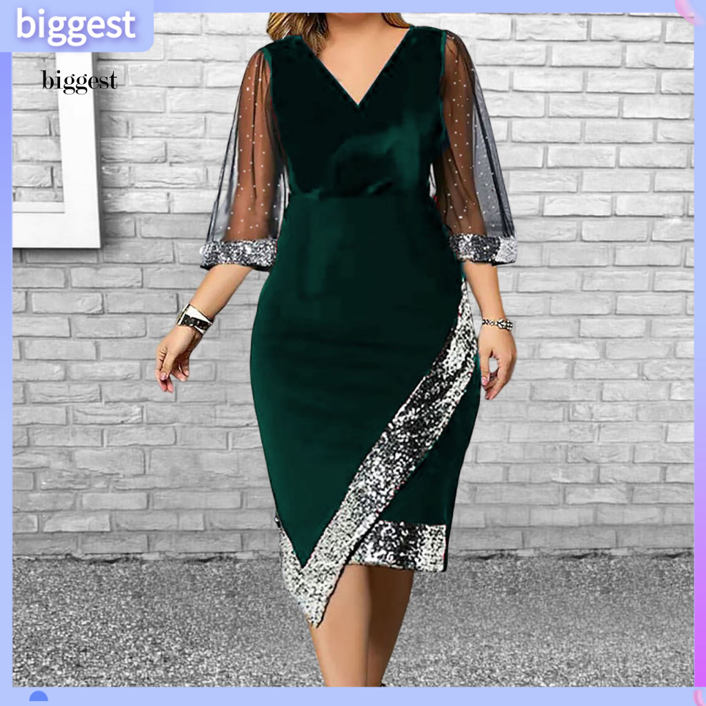 BGT Party Dress V คอตาข่าย แขนเลื่อมหรูหรา สไตล์ summers พร้อมไซส์พิเศษสำหรับทุกวัน