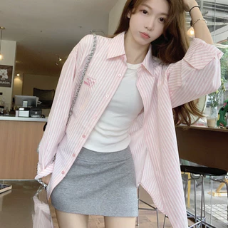 Rommers เสื้อเชิ้ตปักลายสีชมพู Loose All-Match chic Top