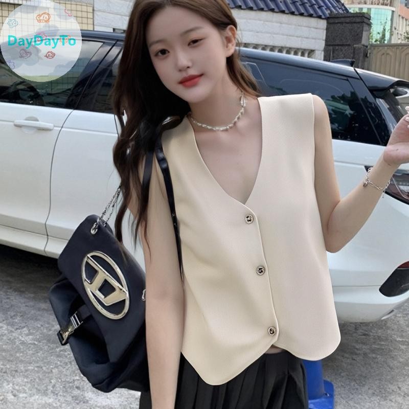 DayDayTo เสื้อแขนกุดฝรั่งเศส คอวีกระดุมแถวเดียว สำหรับผู้หญิง ลาย ładๆ สำหรับฤดูร้อน