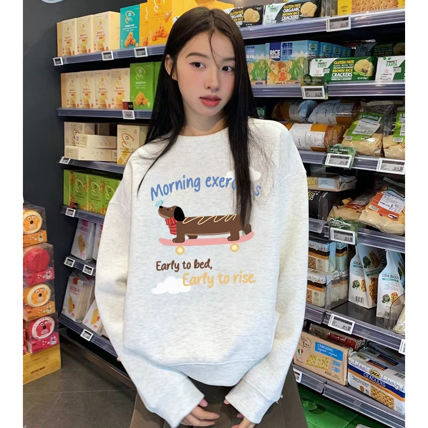 COD（พร้อมส่งจากกรุงเทพ） เสื้อกันหนาวแขนยาว เสื้อยืดคอกลมพิมพ์ลาย เสื้อเชิ้ตลำลองทรงหลวมใส่สบาย ไม่มีริ้วรอยสไตล์บางๆ