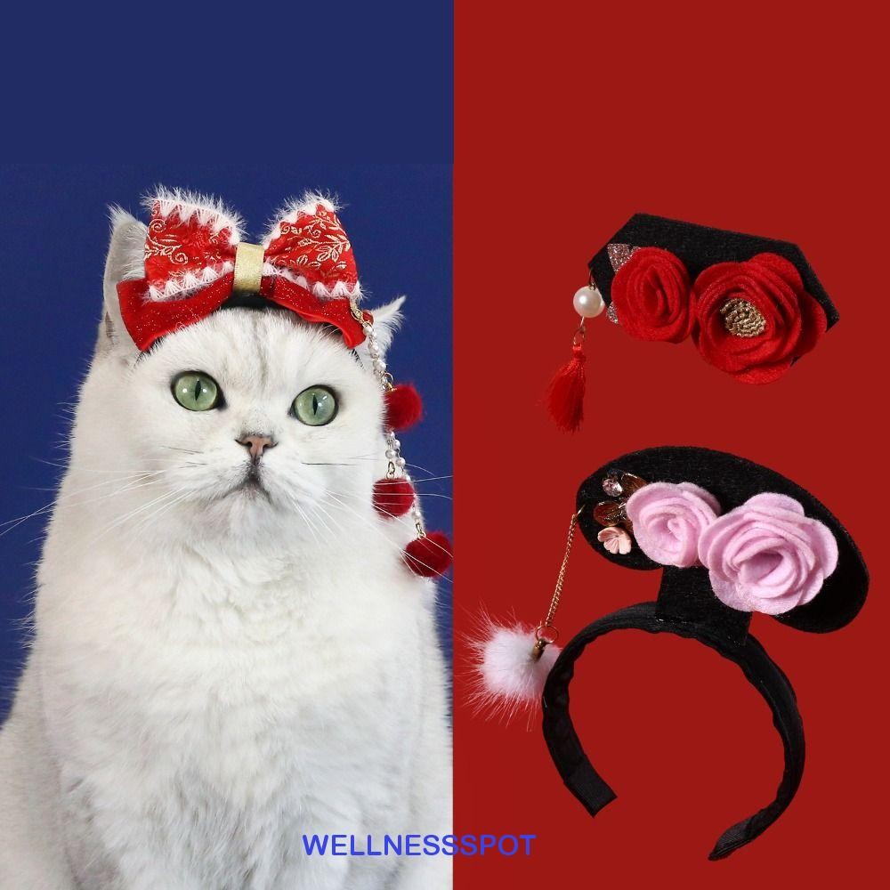 Wellnessspot ที่คาดผมปีใหม่สัตว์เลี้ยง, ผ้าโพกศีรษะแมวแบบดั้งเดิมสไตล์จีน, น่ารัก Hanfu Vintage Court Princess Dog Hanfu ที่คาดผมสุนัข/แมว