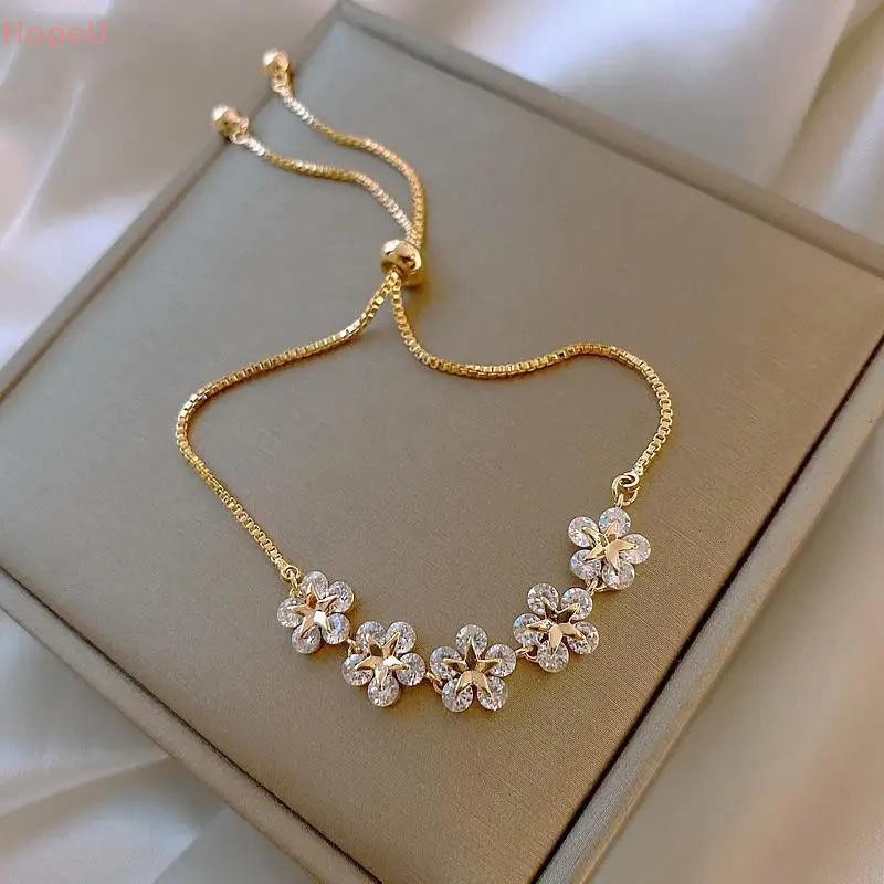 [HopeU] Elegant Rhinestone ดอกไม้ Push-pull สร้อยข้อมือหรูหรา Charm สร้อยข้อมือปรับเครื่องประดับของขวัญวันเกิดสําหรับสาวผู้หญิง