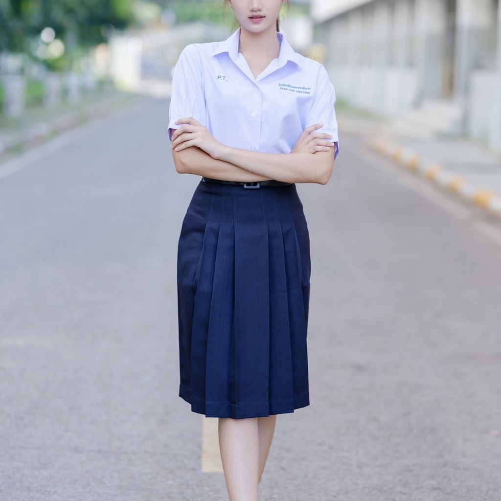 กระโปรงนักเรียนทรงปาณิธาร (ผ้าลีวาย สีกรม)
