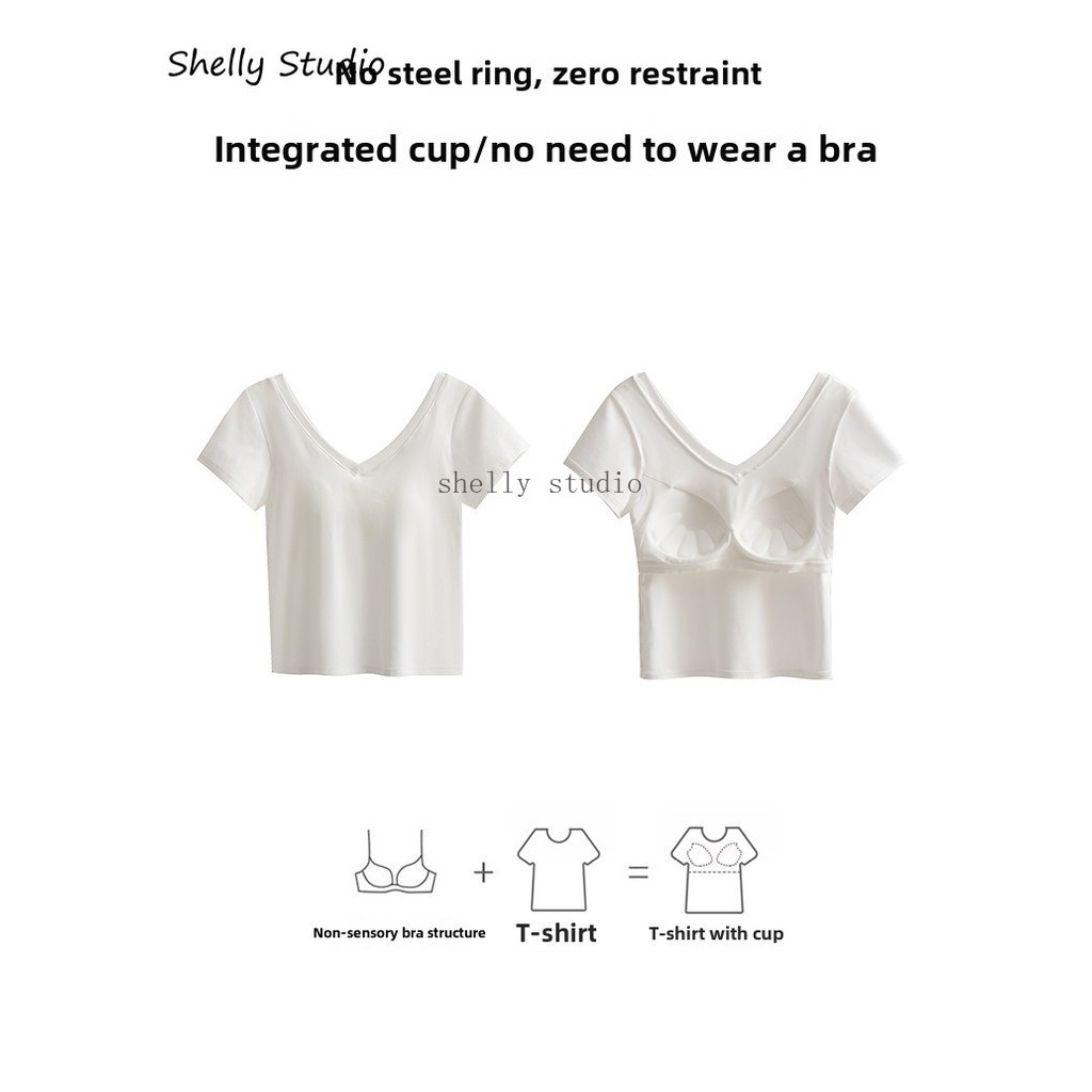 เสื้อยืดคอวีสีขาวแขนสั้นคอกลมขนาดใหญ่รวมถ้วยเสื้อครึ่งแขนด้านใน จุดต่ําสุด เสื้อด้านบน - รูปที่ 7