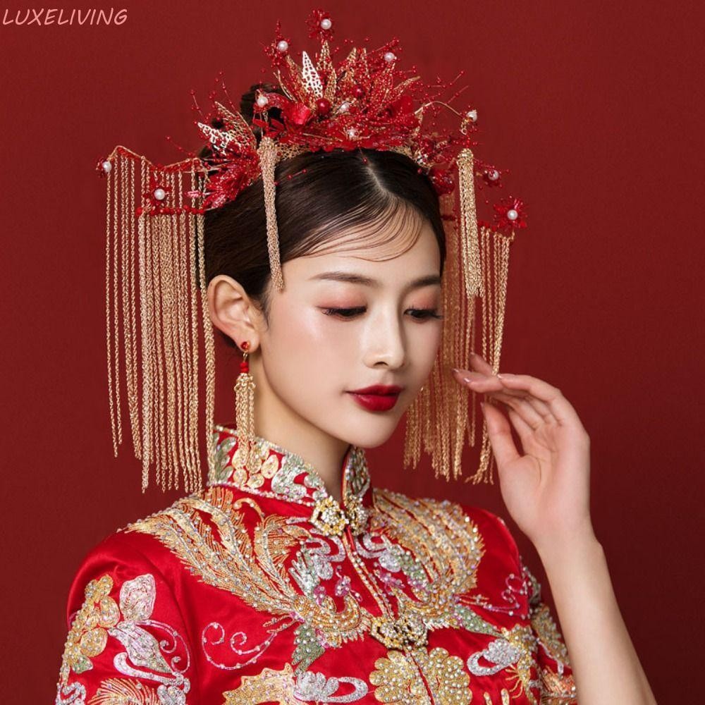 Luxeliving มงกุฎผมเจ้าสาว, สไตล์จีนหรูหรางานแต่งงานผมมงกุฎ,ดอกไม้โบราณพู่อัญมณีผู้หญิง Hanfu Hairpin Tiaras ชุด