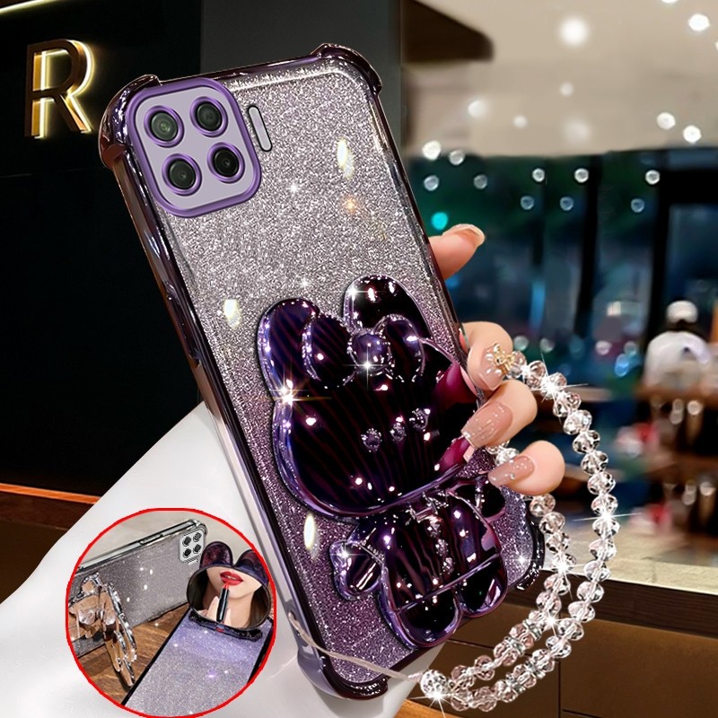 สําหรับ OPPO A93 4G RENO 4F F17 PRO ประกายสีชมพูเคสโทรศัพท์กันกระแทกกระต่ายแต่งหน้ากระจกผู้ถือซิลิโคน TPU นุ่มกรณี XXXDA