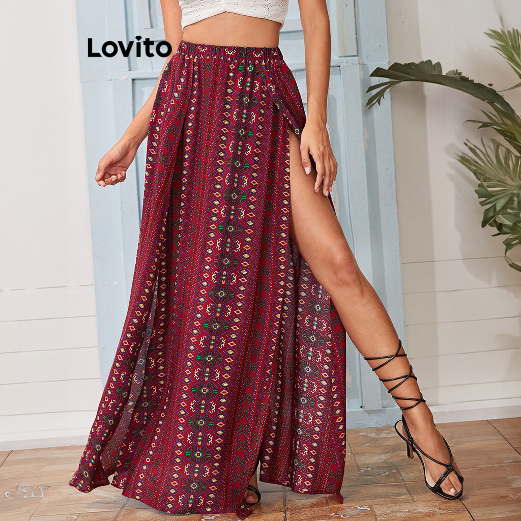 Lovito กระโปรงลายด้านหน้าโบโฮชนเผ่าพิมพ์แยกด้านหน้าสำหรับผู้หญิง LNL77449
