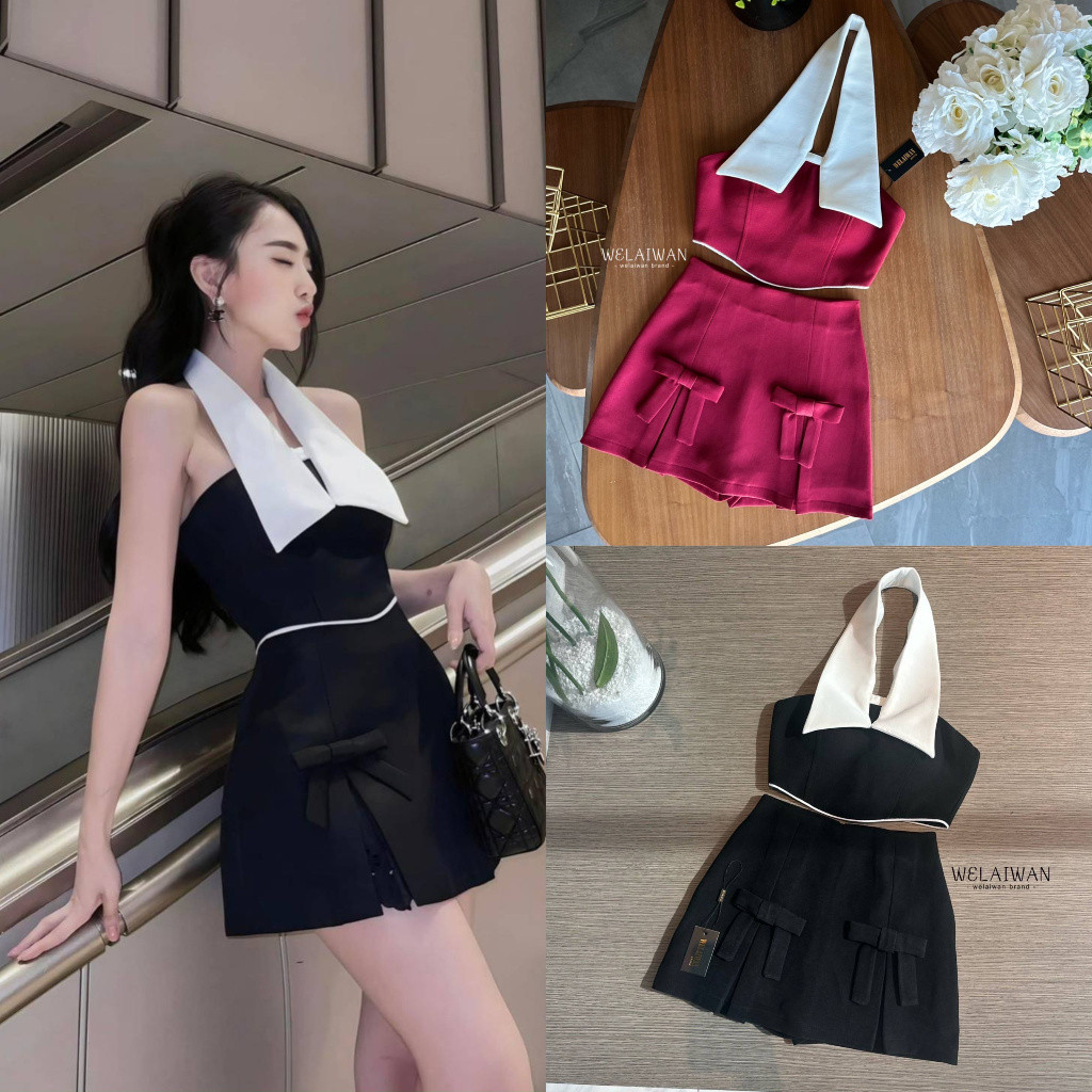 Cr. (xs-l) (พร้อมส่ง) WELAIWAN6 7 ชุดเซทเสื้อคล้องคอปกใหญ่มาคู่กับกระโปรงเเต่งโบว์สองข้าง   cr.shop
