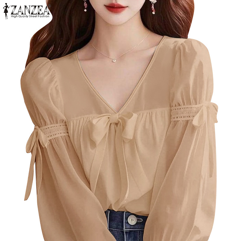 Zanzea เสื้อเบลาส์ผ้าปะต่อลูกไม้แขนยาวลําลองทุกวัน