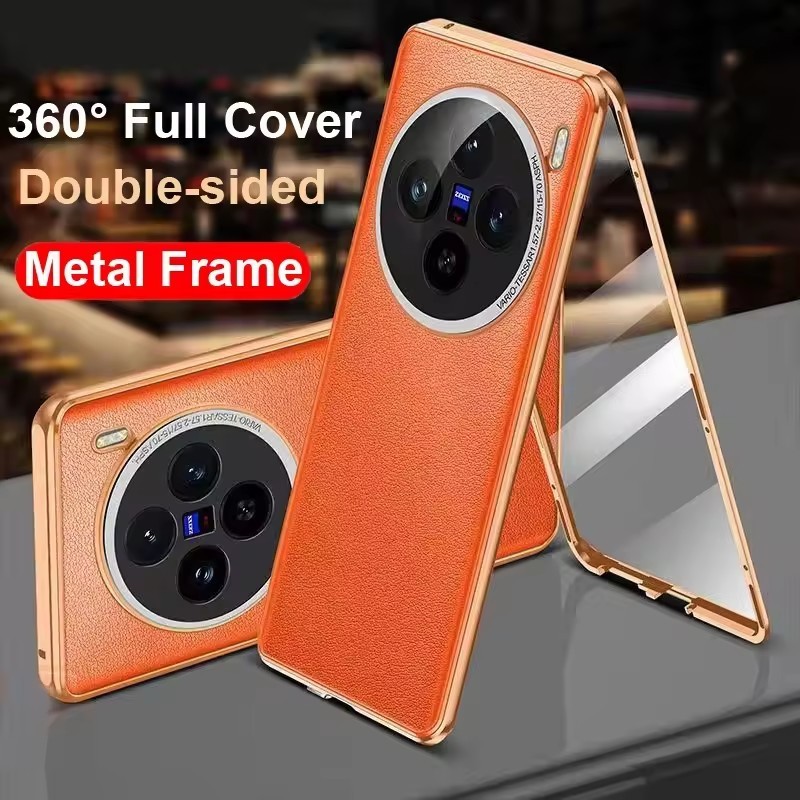 หนังกลับโลหะแม่เหล็กเคสโทรศัพท์สําหรับ vivo x200 x90 X80 X70 X100S Pro X100 Ultra กระจกนิรภัยเต็มเลนส์ป้องกันกรณี