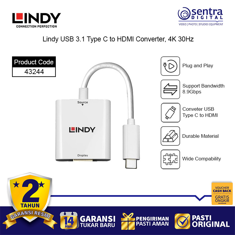 อะแดปเตอร์ Lindy USB 3.1 Type C เป็น HDMI 4K 30Hz Converter - 43244