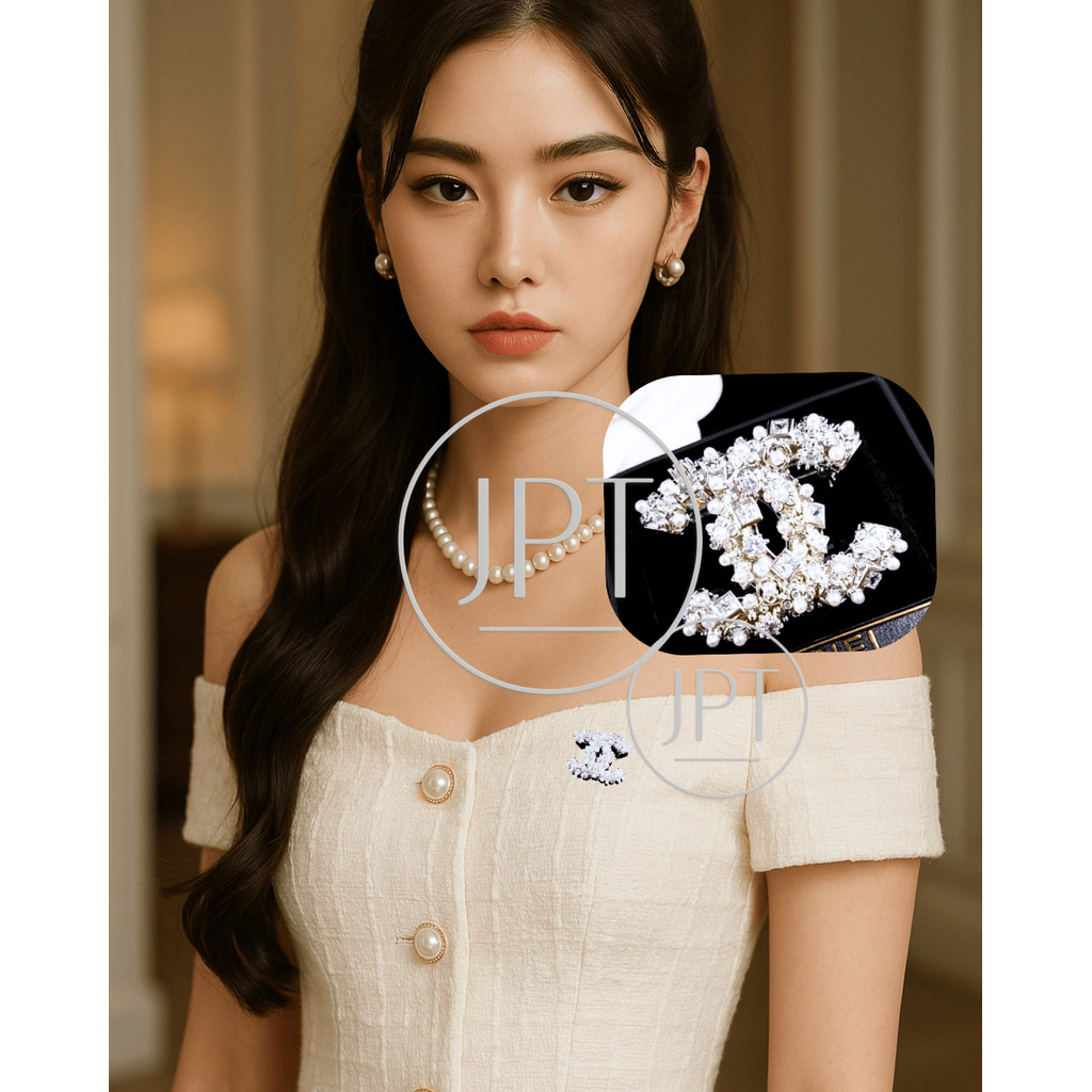 【JPT】เข็มกลัดวินเทจ สไตล์ CC มุกญี่ปุ่น ประกายทอง CZ แท้ เงินแท้ S925 ชุบทองคำขาว
