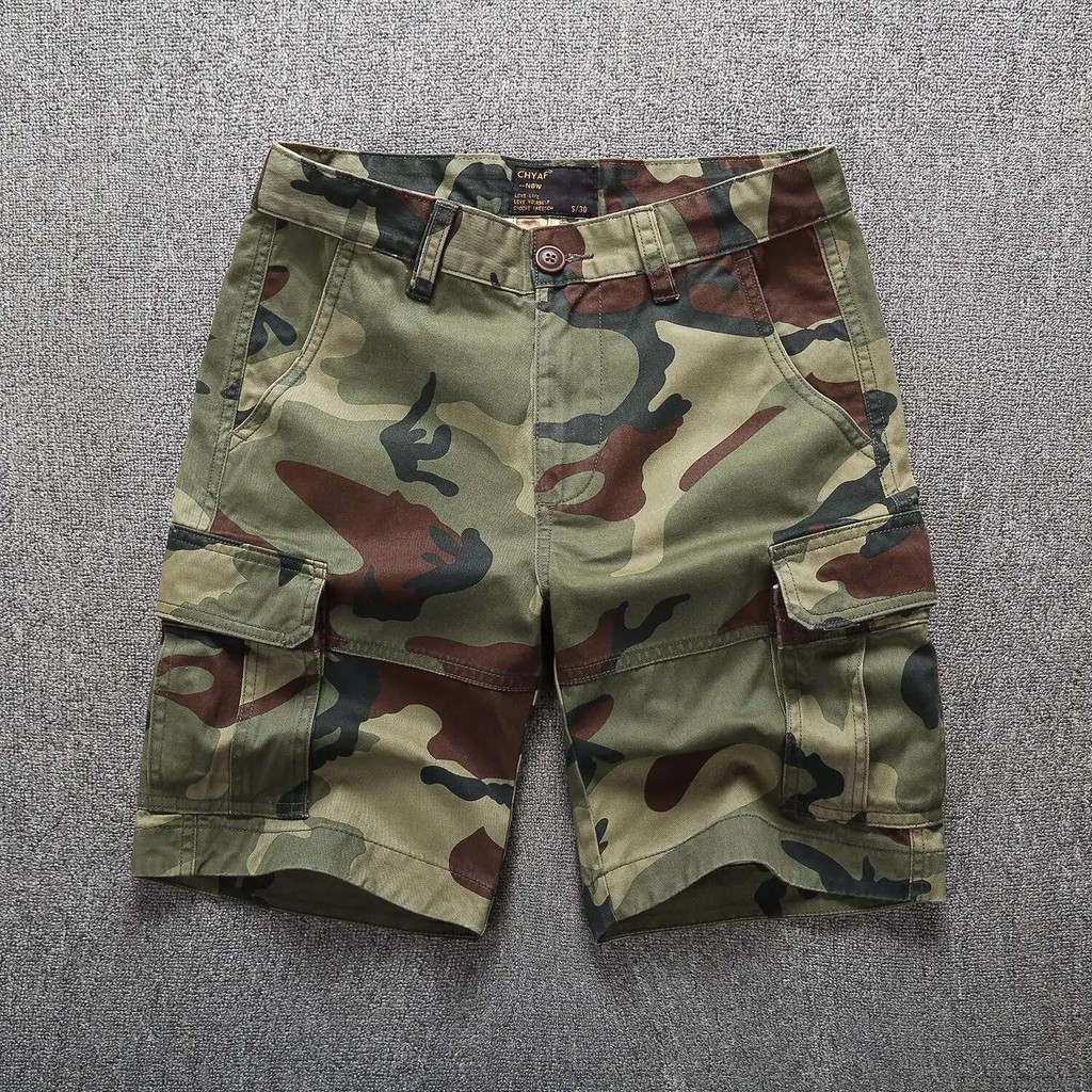 กางเกงขาสั้นผู้ชายฤดูร้อน พราง ผ้าฝ้าย ทนทาน หลายกระเป๋า น้ำหนักเบา Streetwear Casual Cargo กางเกง