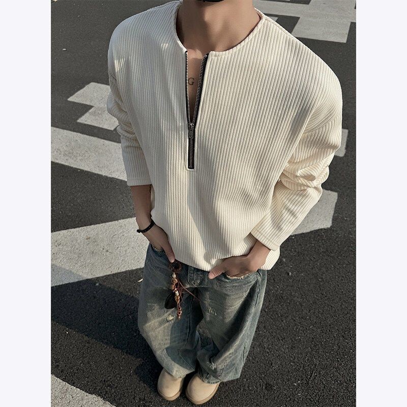 เสื้อยืดแฟชั่น F & X อเมริกันครึ่งซิป Henry Collar สำหรับผู้ชาย ฤดูใบไม้ผลิและใบไม้ร่วง แบบ cleanfit เสื้อแขนยาว สไตล์ Tough Guy