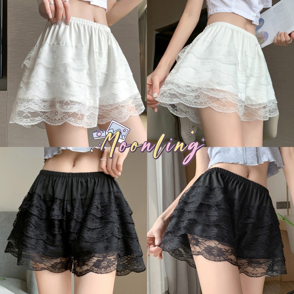🌜Moonling🌛กางเกงกระโปรง เอวสูง กางเกงขาสั้น เอวสม็อค แต่งบายลูกไม้สีขาวดำ ทรงปล่อย ผ้าใส่สบาย*KK680*
