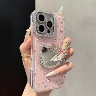 Diamond Studded Kitty Mirror เหมาะสําหรับ iPhone 17Promax เคสโทรศัพท์ Apple 16/15/14/13/12/11 Anti Drop