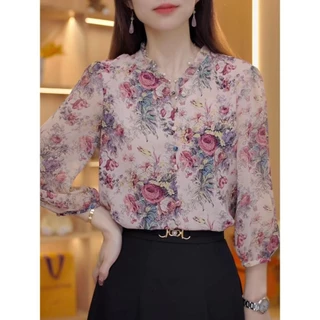 Chemisegrace 99097 เสื้อเชิ้ตแขนยาว คอกลม ผ้าชีฟอง ทรงหลวม ลายดอกไม้ ลายดอกไม้ ทรงหลวม ใส่ทำงาน เรียบร้อยดี แฟชั่น