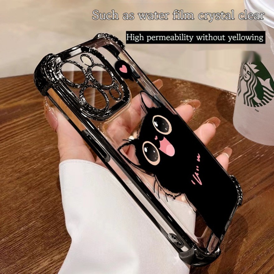 Electroplate พร้อมฟิล์มเลนส์ Love Black cat motif Casing สําหรับ Honor 200 100Pro 200 X9C สมาร์ท X9A X9B X7C X9B X5B Magic 7 6 5 4 Pro 6 Lite ฝาครอบป้องกันเต็มรูปแบบ ราคา ถูกที่สุด ดีลบีเคเค