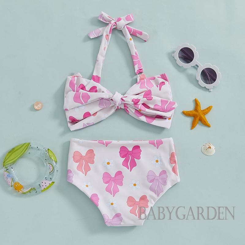 //-1-6ปี เด็กเด็กสาว2ชิ้นชุดว่ายน้ําฤดูร้อนโบว์พิมพ์ ชม. เปลี่ยนแปลง คอบิกินี่ท็อปส์และกางเกงขาสั้นยืดหยุ่นชุดว่ายน้ํา - รูปที่ 6