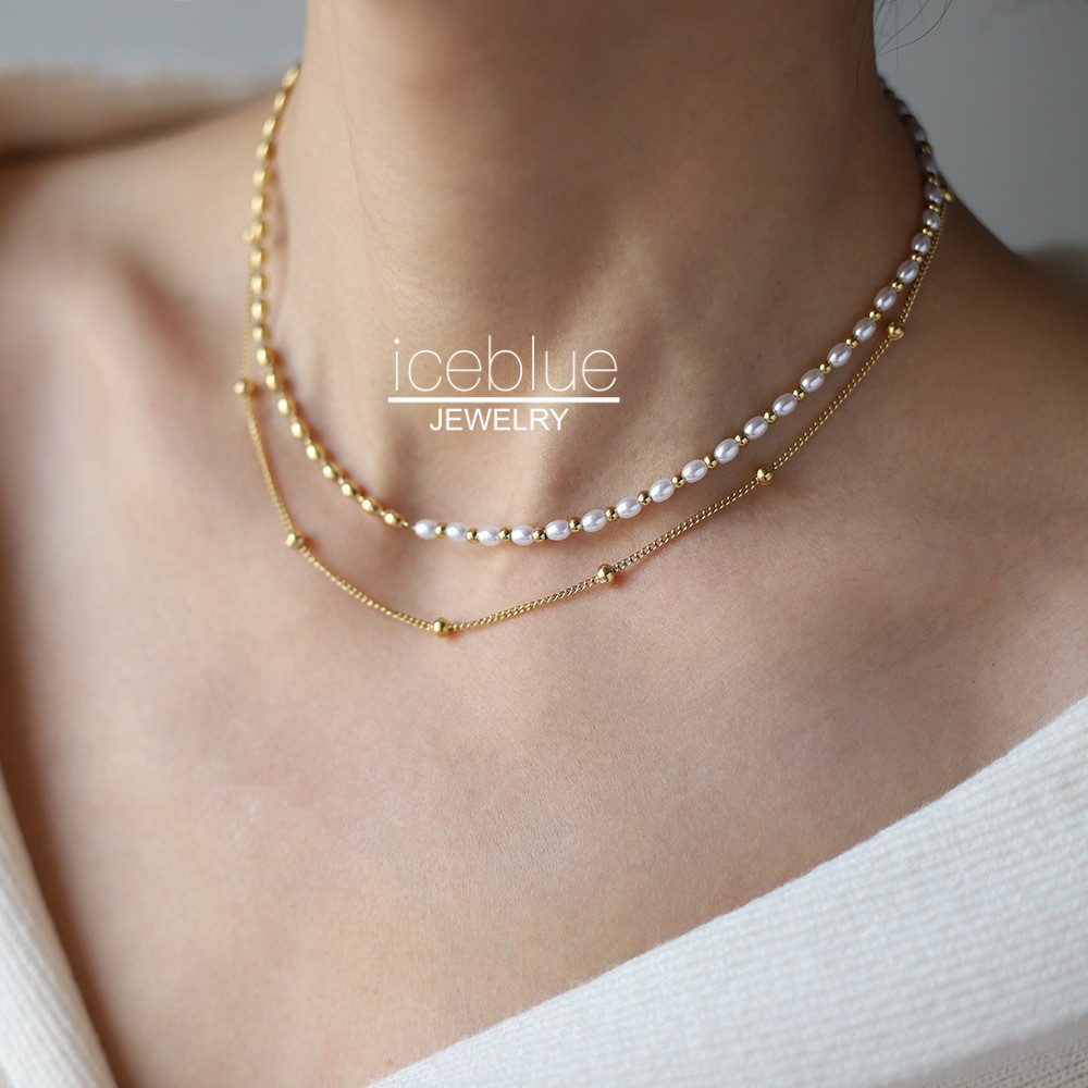 Iceblue-2ชั้นมุกเย็บสร้อยคอลูกปัดสีทองออกแบบ316ลสแตนเลสเหล็กไทเทเนียม18พันชุบทองกันน้ําไม่ทลายเครื่องประดับที่สง่างามสําหรับผู้หญิง N14